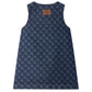 The Girls’ Jette Cherry Checkerboard-Print Dress by Bonpoint is a sleeveless style crafted from organic cotton denim, showcasing a distinctive blue checkerboard pattern and accented with a brown rectangular patch on the upper back—making it the perfect stylish girls’ dress for any occasion.