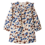 Girls’ Bevika Dress in Organic Cotton Velvet by Bonpoint—this elegant long-sleeve cream dress features a blue and brown floral pattern, ruffled collar, and gathered yoke detail, making it a charming choice for any occasion.