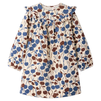 Girls’ Bevika Dress in Organic Cotton Velvet by Bonpoint—this elegant long-sleeve cream dress features a blue and brown floral pattern, ruffled collar, and gathered yoke detail, making it a charming choice for any occasion.