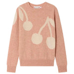 Bonpoint Girls’ Margaux Cherry Cashmere Sweater in light pink, featuring a white cherry pattern on the front and sleeve, with a crew neckline and ribbed cuffs and hem.