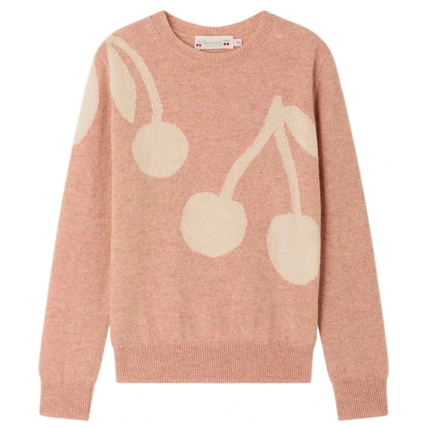 Bonpoint Girls’ Margaux Cherry Cashmere Sweater in light pink, featuring a white cherry pattern on the front and sleeve, with a crew neckline and ribbed cuffs and hem.