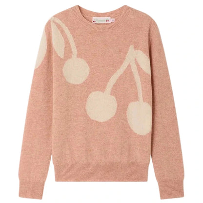 Bonpoint Girls’ Margaux Cherry Cashmere Sweater in light pink, featuring a white cherry pattern on the front and sleeve, with a crew neckline and ribbed cuffs and hem.