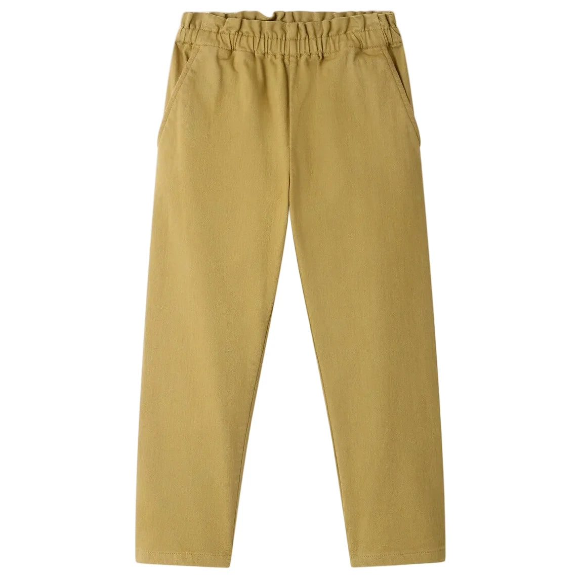 The Girls’ July Pants by Bonpoint are khaki-colored, straight-cut pants for girls, crafted from organic cotton with an elastic waistband and side pockets, shown laid flat against a white background.