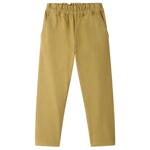 The Girls’ July Pants by Bonpoint are khaki-colored, straight-cut pants for girls, crafted from organic cotton with an elastic waistband and side pockets, shown laid flat against a white background.