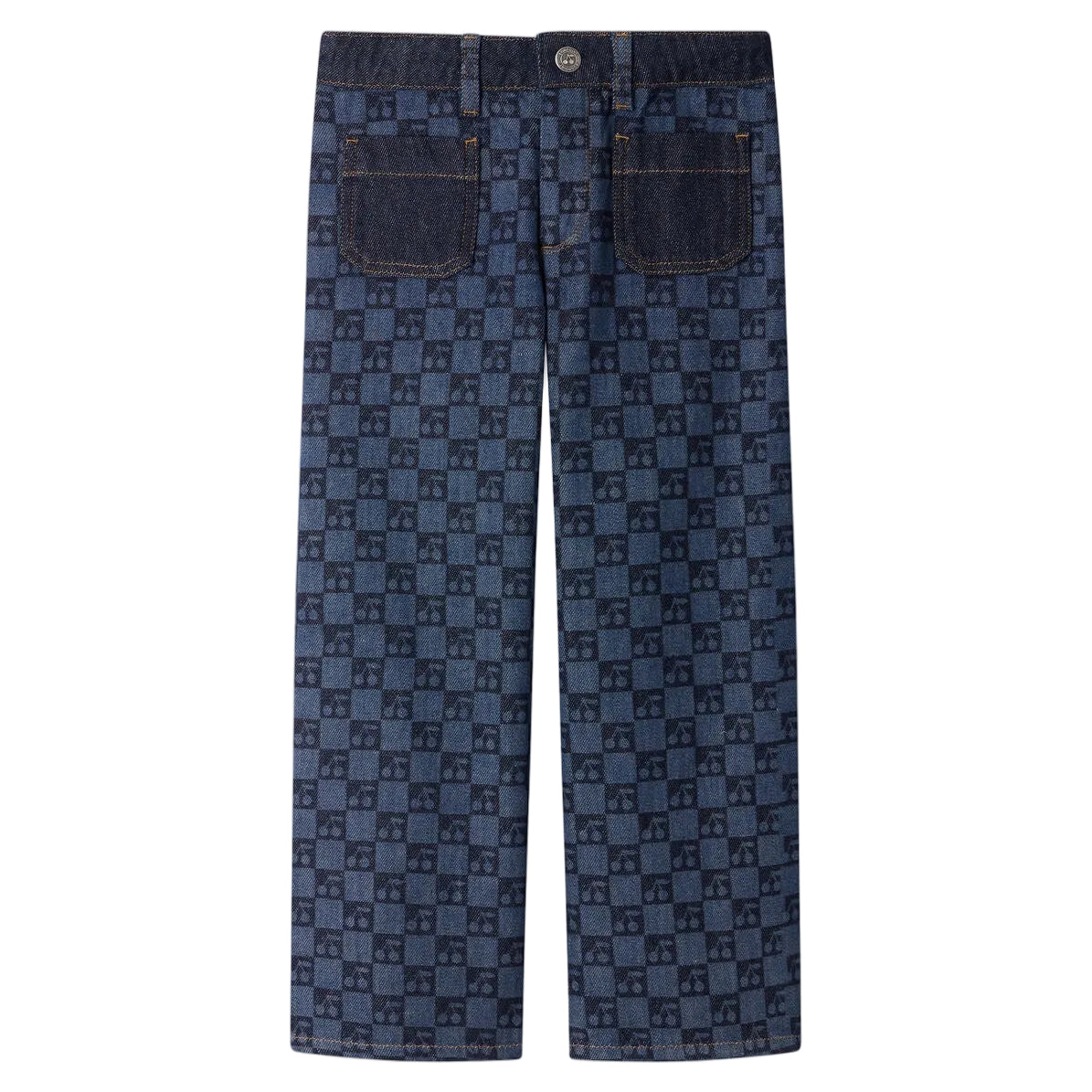 Back view of the Girls’ Minalie Cherry Checkerboard-Print Denim Trousers by Bonpoint, showcasing blue jeans with a dark checkerboard pattern and two back pockets, designed with an adjustable high waist, photographed on a white background.