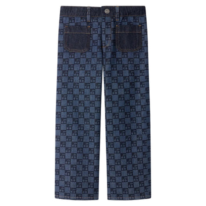 Back view of the Girls’ Minalie Cherry Checkerboard-Print Denim Trousers by Bonpoint, showcasing blue jeans with a dark checkerboard pattern and two back pockets, designed with an adjustable high waist, photographed on a white background.