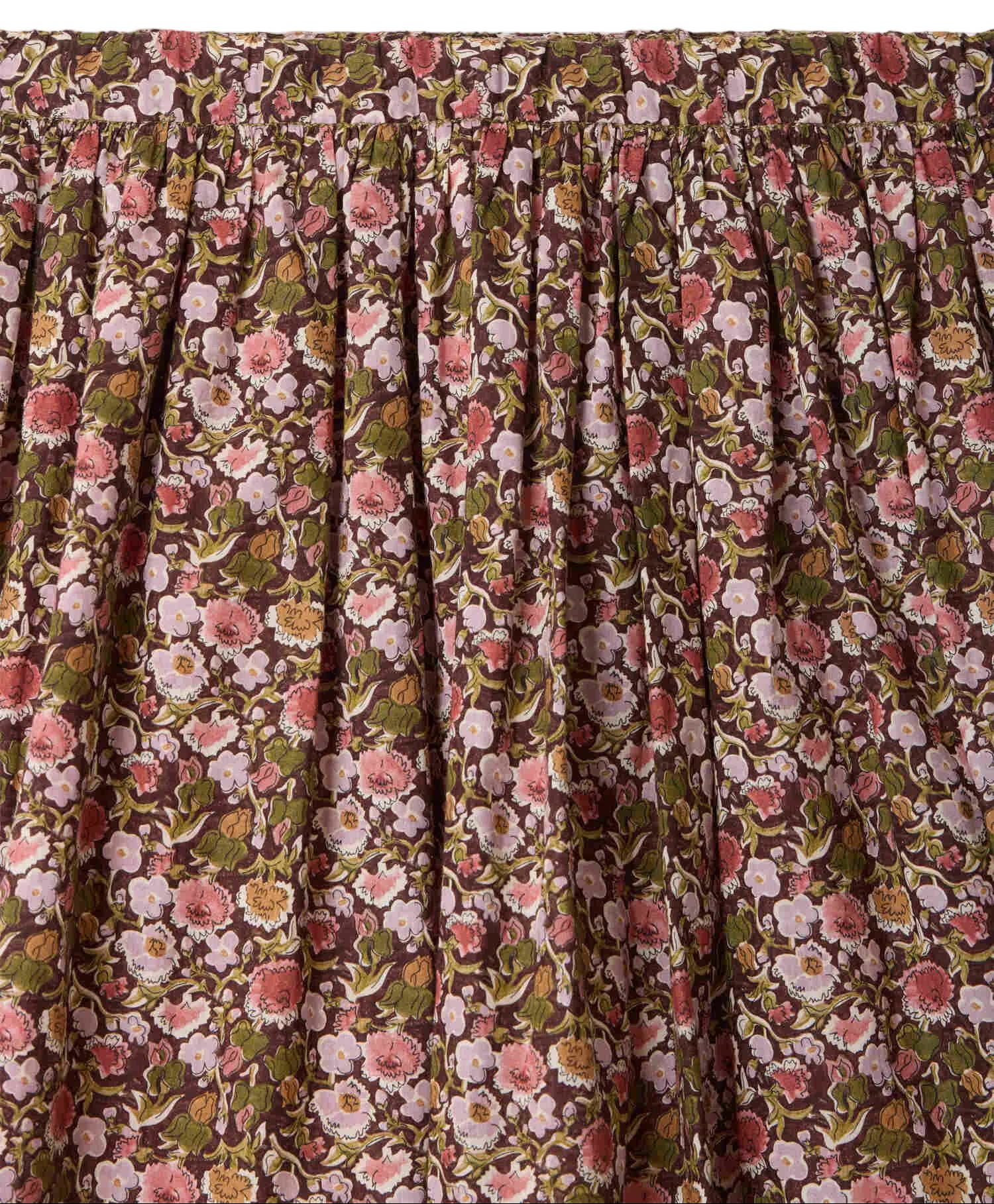 A curtain with a gathered top, adorned with a dense, vintage-inspired floral print in pink, red, green, and brown—echoing the classic pattern found on Bonpoint’s Girls’ Suzon Skirt.