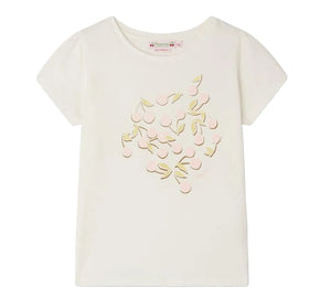 The Girls’ Capricia T-Shirt by Bonpoint is a white, short-sleeve top for girls, crafted from soft organic cotton and adorned on the front with a charming cluster of light pink cherries and green stems.