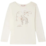 Girls’ Tidjiane long-sleeve T-shirt with Dalmatian print by Bonpoint, featuring an illustration of a Dalmatian with abstract lines and the text “Les taches des Dalmatiens” on the front.
