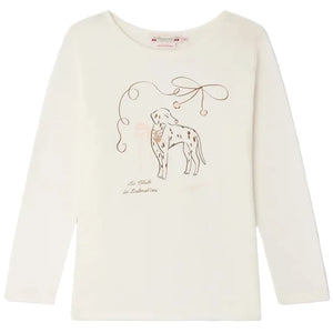 Girls’ Tidjiane long-sleeve T-shirt with Dalmatian print by Bonpoint, featuring an illustration of a Dalmatian with abstract lines and the text “Les taches des Dalmatiens” on the front.