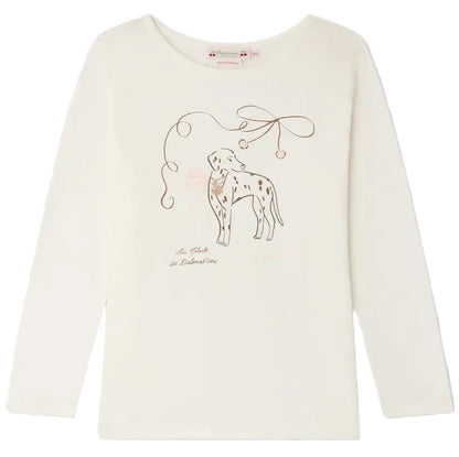 Girls’ Tidjiane long-sleeve T-shirt with Dalmatian print by Bonpoint, featuring an illustration of a Dalmatian with abstract lines and the text “Les taches des Dalmatiens” on the front.