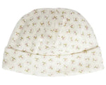 Dress your newborn in the Lyann Beanie by Bonpoint—a soft, organic cotton baby hat featuring a folded brim and a delicate pink floral pattern scattered over white fabric. This charming beanie offers gentle comfort for your little one.