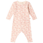 Bonpoint Baby Girls’ and Girls’ Genna Set—long-sleeve light pink pajama set featuring a charming cloud and dot pattern—crafted from soft organic cotton and displayed laid flat on a white background.