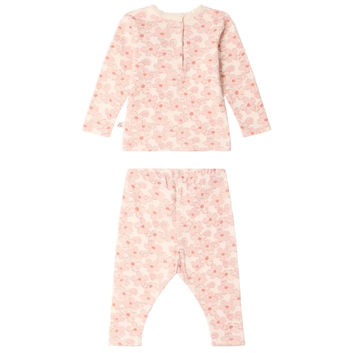 The Baby Girls’ and Girls’ Genna Set by Bonpoint features a pink long-sleeve top and matching pants with an all-over light pink and peach abstract dot pattern, crafted from soft organic cotton, displayed front and back on a white background.