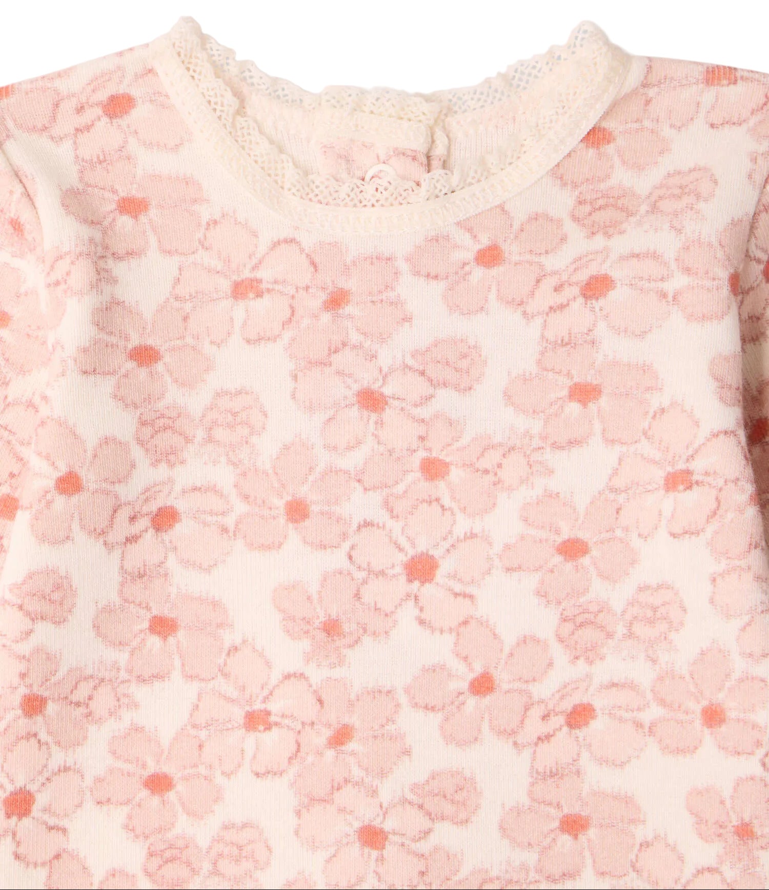 Bonpoint Baby Girls’ and Girls’ Genna Set features a cream-colored knit top adorned with a pink floral pattern and a delicate lace-trimmed collar—an ideal choice for a refined, lace-accented baby outfit. Only the upper front portion of the garment is shown.