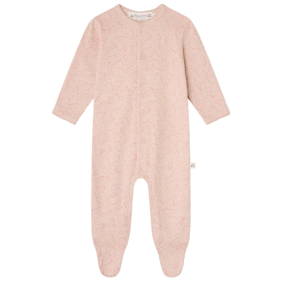 Light pink Baby Girls’ Golco Pajamas with Cherry Pattern from Bonpoint, featuring long sleeves, covered feet, and a subtle abstract cherry print. Displayed flat on a white background. Perfect as cozy baby pajamas from the Golco collection.