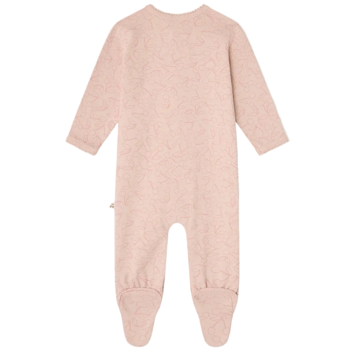 Bonpoint Baby Girls’ Golco Pajamas with Cherry Pattern—a light pink, long-sleeve onesie with covered feet and a subtle abstract cherry print, shown from the back on a white background—perfect as cozy baby pajamas.