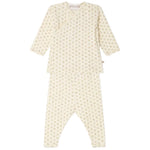 Baby Girl’s Timao Set with Cherry Print by Bonpoint, a two-piece organic cotton baby set featuring long sleeves and long pants, adorned with an all-over cherry print and convenient snap-button fastening, displayed on a white background.