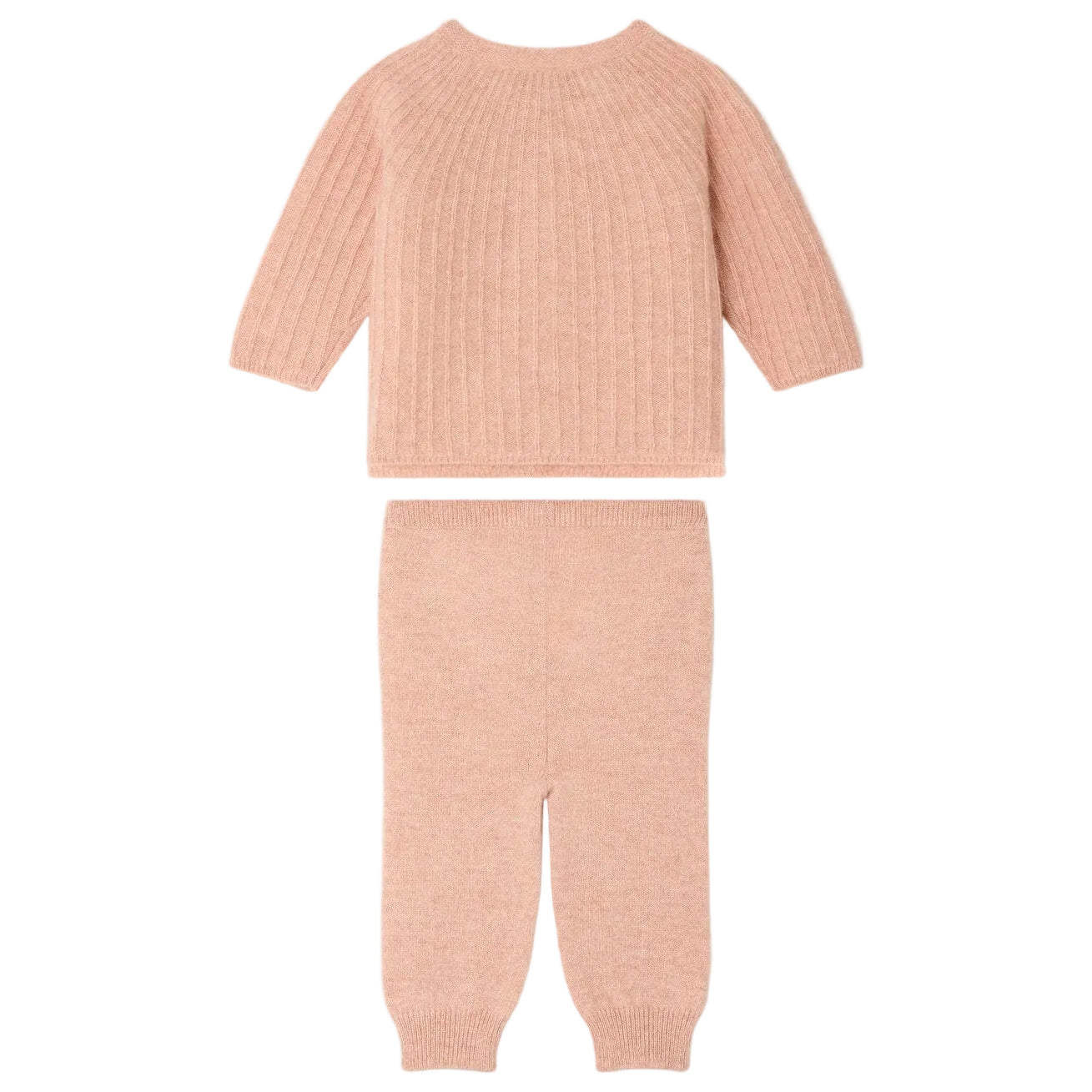 Baby Girls’ Ging Fancy-Stitch Set in Cashmere by Bonpoint, a light pink decorative knit ribbed sweater and matching pants set laid flat on a white background, reminiscent of a cozy cashmere baby set.