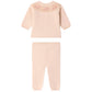 The Bonpoint Baby Girls’ Jenny Set features a light pink long-sleeve cardigan with a round collar, adorned with jacquard cherries near the neckline, and comes with matching pants.