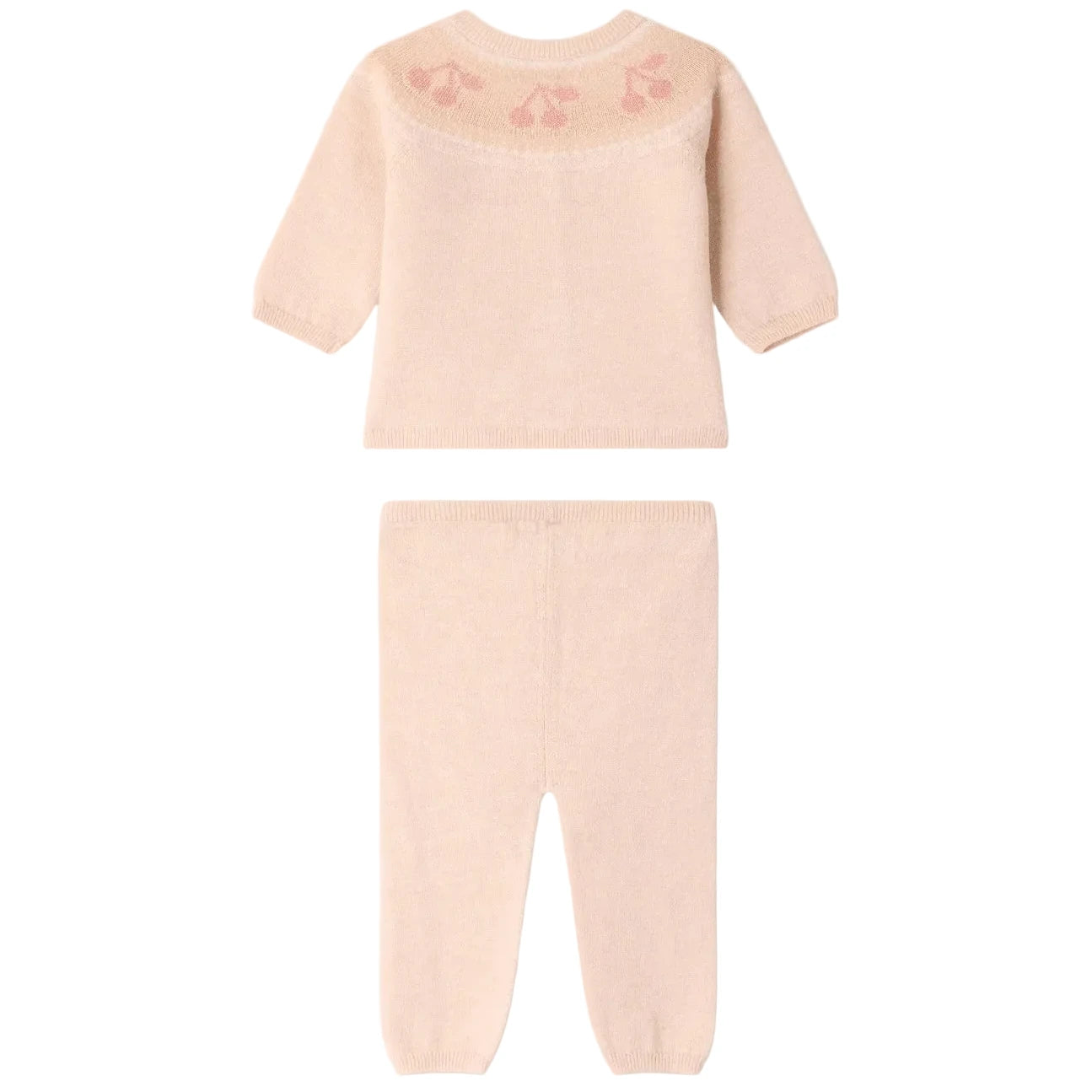 The Bonpoint Baby Girls’ Jenny Set features a light pink long-sleeve cardigan with a round collar, adorned with jacquard cherries near the neckline, and comes with matching pants.