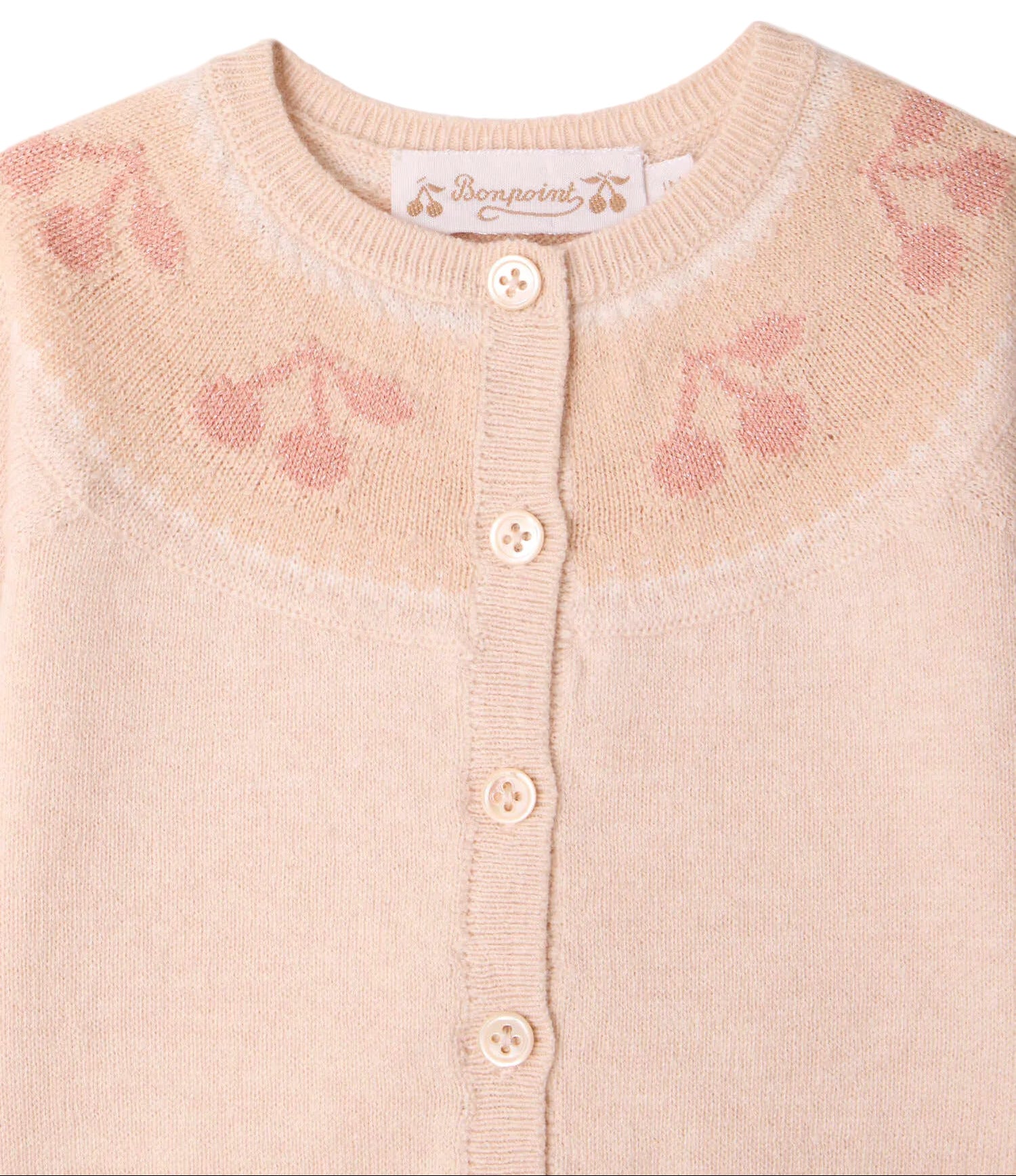 Bonpoint’s Baby Girls’ Jenny Set features a light pink knit cardigan with a round collar, cherry jacquard pattern on the yoke, and front buttons. Ideal for a cozy baby set or styled with matching pants for an adorable outfit.