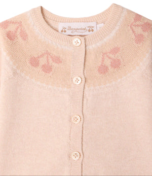 Bonpoint’s Baby Girls’ Jenny Set features a light pink knit cardigan with a round collar, cherry jacquard pattern on the yoke, and front buttons. Ideal for a cozy baby set or styled with matching pants for an adorable outfit.