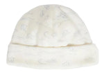 The Lyann Beanie by Bonpoint is a white cap for newborns, crafted from soft organic cotton and adorned with light grey animal and landscape illustrations, featuring a folded brim.
