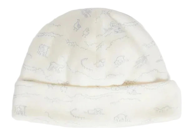 The Lyann Beanie by Bonpoint is a white cap for newborns, crafted from soft organic cotton and adorned with light grey animal and landscape illustrations, featuring a folded brim.