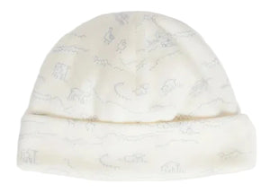 The Lyann Beanie by Bonpoint is a white cap for newborns, crafted from soft organic cotton and adorned with light grey animal and landscape illustrations, featuring a folded brim.