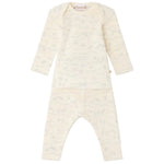 The Bonpoint Baby Timi Set with Sheep Print features a long-sleeve cream organic cotton top and matching pants adorned with a light grey animal and landscape motif. This comfortable baby outfit highlights an adorable sheep detail and is presented against a plain white background.
