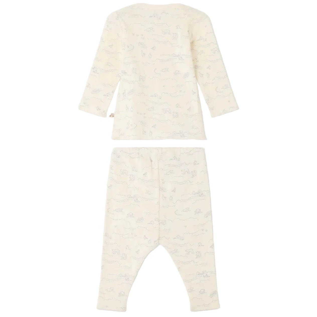 The Bonpoint Baby Timi Set with Sheep Print is a cream-colored long-sleeve shirt and pants ensemble crafted from organic cotton, adorned with a delicate animal and landscape pattern featuring charming sheep. This comfortable baby outfit is displayed from the back against a white background.