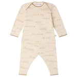 Bonpoint Baby Boys’ Timini Set with Train Print: This beige long-sleeve organic cotton set features matching pants, subtle animal and train motifs, and brown edging on the cuffs, collar, and hems. The envelope neckline ensures easy changing.
