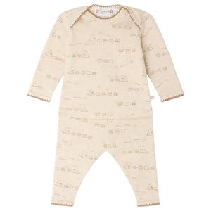 Bonpoint Baby Boys’ Timini Set with Train Print: This beige long-sleeve organic cotton set features matching pants, subtle animal and train motifs, and brown edging on the cuffs, collar, and hems. The envelope neckline ensures easy changing.