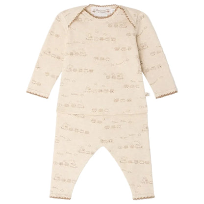 Bonpoint Baby Boys’ Timini Set with Train Print: This beige long-sleeve organic cotton set features matching pants, subtle animal and train motifs, and brown edging on the cuffs, collar, and hems. The envelope neckline ensures easy changing.
