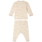 The Bonpoint Baby Boys’ Timini Set with Train Print—a beige, long-sleeve organic cotton top and matching pants adorned with small animal and vehicle prints, including a charming train motif—shown laid flat with the back side and envelope neckline visible.