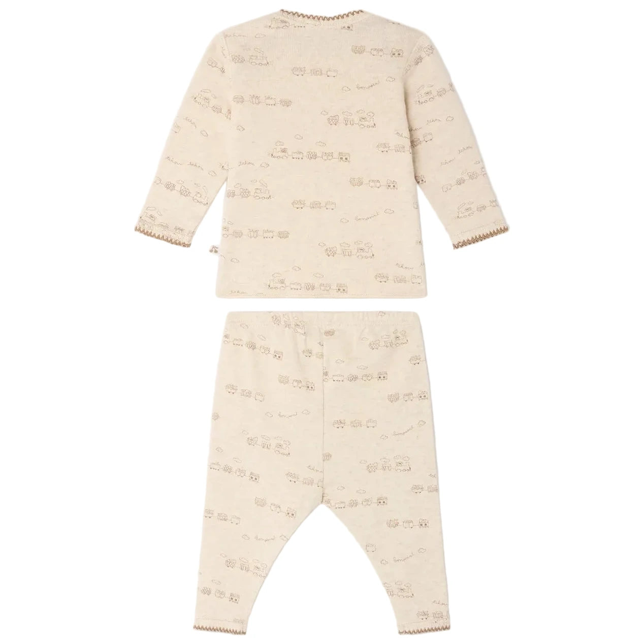 The Bonpoint Baby Boys’ Timini Set with Train Print—a beige, long-sleeve organic cotton top and matching pants adorned with small animal and vehicle prints, including a charming train motif—shown laid flat with the back side and envelope neckline visible.