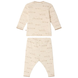The Bonpoint Baby Boys’ Timini Set with Train Print—a beige, long-sleeve organic cotton top and matching pants adorned with small animal and vehicle prints, including a charming train motif—shown laid flat with the back side and envelope neckline visible.