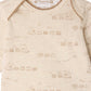 Bonpoint Baby Boys’ Timini Set with Train Print—features a beige onesie adorned with brown trains and cloud patterns, designed with an envelope neckline and finished with a visible Bonpoint label at the collar. This set is crafted from organic cotton for ultimate comfort.