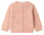 Bonpoint’s Baby Girls’ and Girls’ Tibile Cardigan with Cherries in Cashmere is a light pink, long-sleeve knit piece for children, featuring a round neckline, front button closure, and a subtle textured dot pattern inspired by the classic Tibile design.