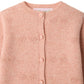 Bonpoint’s Baby Girls’ and Girls’ Tibile Cardigan with Cherries in Cashmere features a light pink knit adorned with textured cherry motifs, a round neckline, ribbed edges, and five matching buttons down the front.