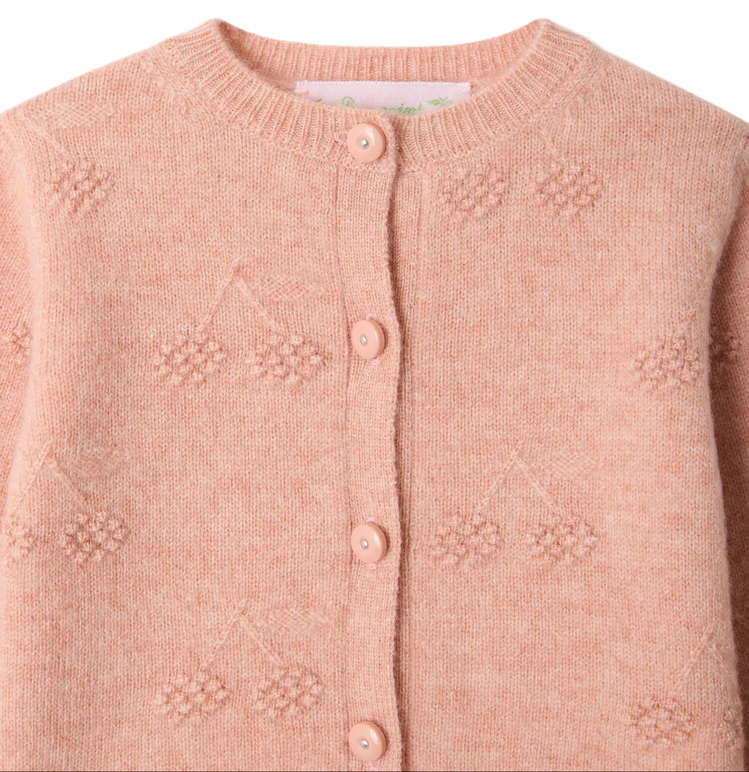 Bonpoint’s Baby Girls’ and Girls’ Tibile Cardigan with Cherries in Cashmere features a light pink knit adorned with textured cherry motifs, a round neckline, ribbed edges, and five matching buttons down the front.