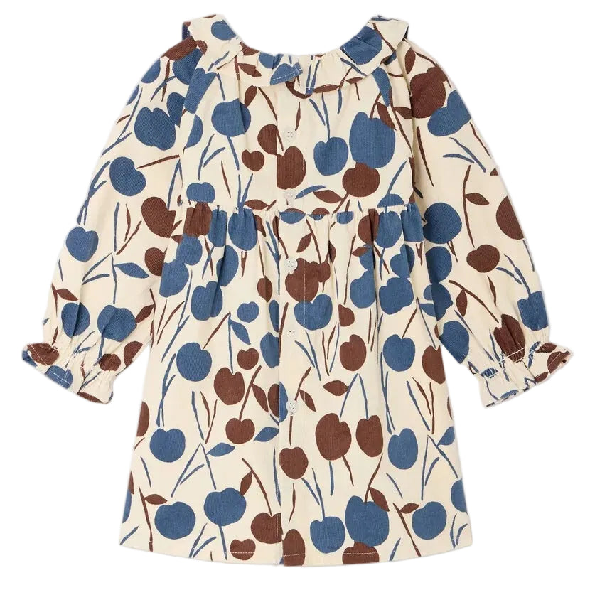 The Baby Girls’ Melyssa Dress with Cherry Print by Bonpoint features long sleeves, a ruffled collar, and a gathered waist; crafted from organic cotton corduroy and displayed on a white background.