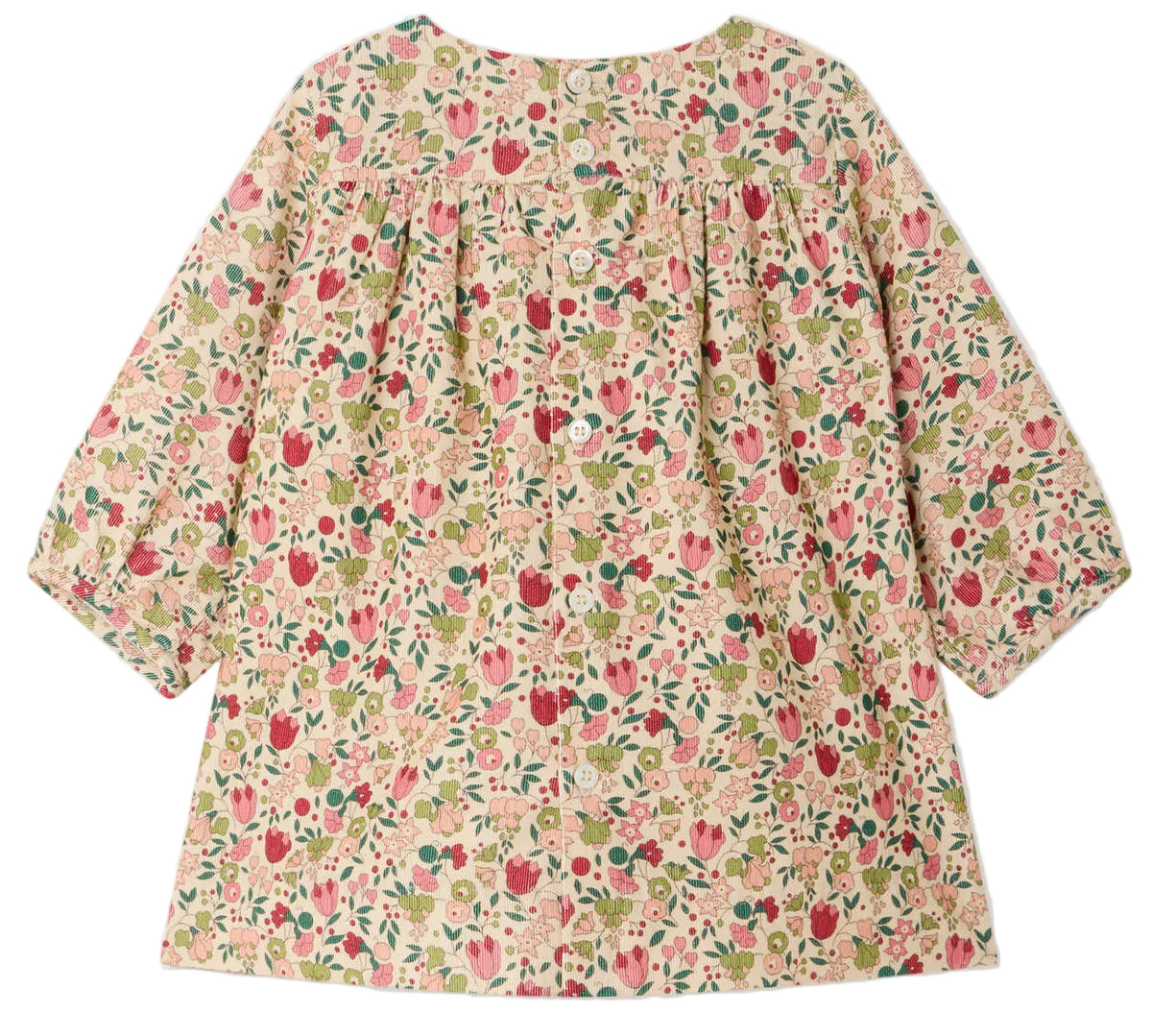 The Bonpoint Baby Girls’ and Girls’ Félicie Dress with Smocking and Hand Embroidery is a long-sleeved dress adorned with a floral pattern, featuring intricate hand-embroidered smocking, a gathered yoke, and button closures on the upper back.