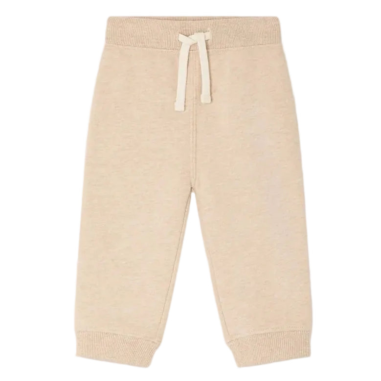The Bonpoint Baby Girls’ and Girls’ Bambo Beige Jogging Bottoms, crafted from soft organic cotton fleece, feature ribbed cuffs, an elastic waistband with a drawstring, and a delicate embroidered cherry detail—shown on a white background.