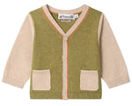 Introducing the Baby Boys’ and Boys’ Tahiel V-neck Cardigan by Bonpoint—expertly crafted from organic cotton, this cardigan showcases an olive green body complemented by beige sleeves, pocket, and trim details with front button closure.