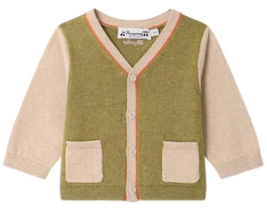 Introducing the Baby Boys’ and Boys’ Tahiel V-neck Cardigan by Bonpoint—expertly crafted from organic cotton, this cardigan showcases an olive green body complemented by beige sleeves, pocket, and trim details with front button closure.