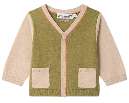 Introducing the Baby Boys’ and Boys’ Tahiel V-neck Cardigan by Bonpoint—expertly crafted from organic cotton, this cardigan showcases an olive green body complemented by beige sleeves, pocket, and trim details with front button closure.