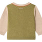 Here’s a rewritten version of the sentence using your product data: The Bonpoint Baby Boys’ and Boys’ Tahiel V-neck Cardigan is crafted from organic cotton, showcasing an olive green back, beige sleeves, a cheerful orange neckline trim, and “Bonjour” embroidered at the top center.