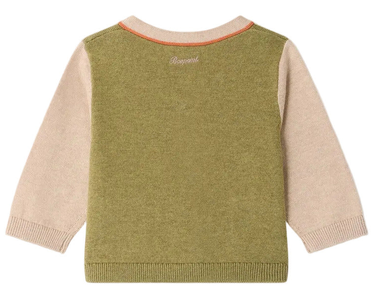 Here’s a rewritten version of the sentence using your product data: The Bonpoint Baby Boys’ and Boys’ Tahiel V-neck Cardigan is crafted from organic cotton, showcasing an olive green back, beige sleeves, a cheerful orange neckline trim, and “Bonjour” embroidered at the top center.